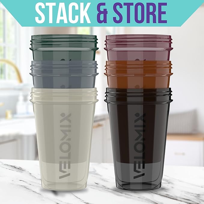 VELOMIX 6 Pack 20oz Protein Shaker Bottle for Protein Mixes, Mood Tones