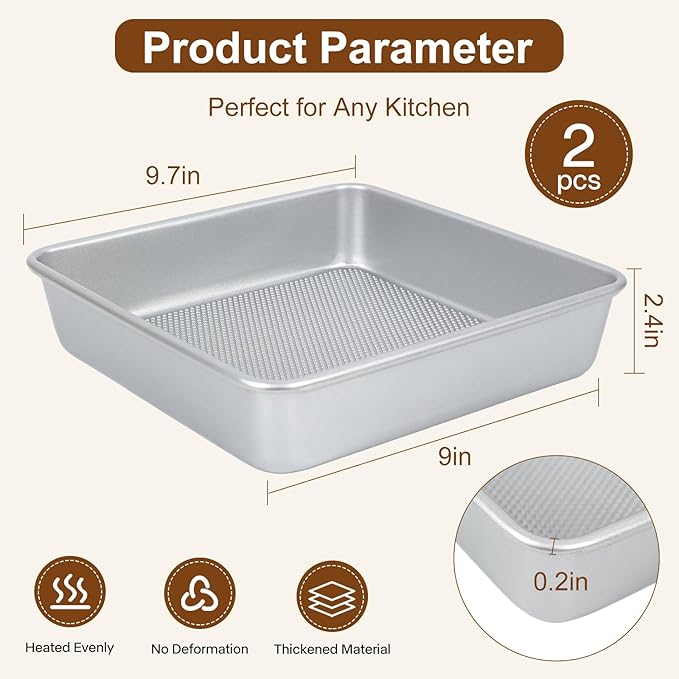 Logario 9 x 9 Inch Square Baking Pans, Set of 2, 0.8 mm Heavy-Duty Aluminized Carbon Steel Nonstick Brownie and Cake Pans, Textured Bottom, Oven Safe to 450°F, Silver