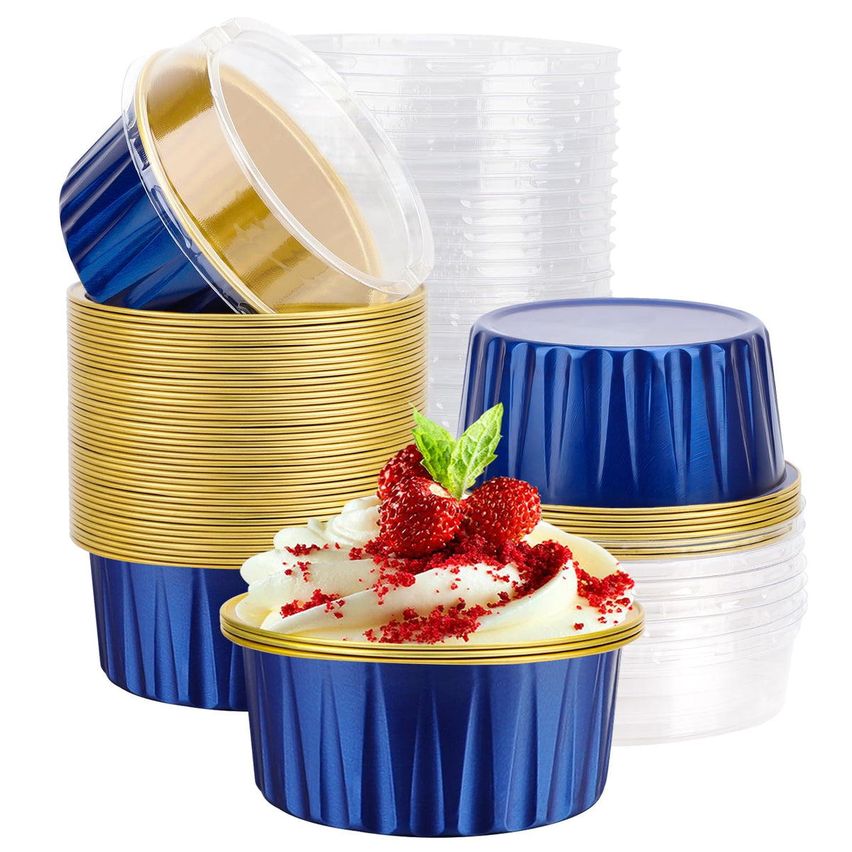EUSOAR Cupcake Liners for Baking, 50pcs 5oz Muffin Liners, Disposable Foil Ramekins, Dessert Containers, Aluminum Foil Baking Cupcake Cups Holders Pans with Lids 5 Colors Mixed
