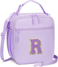 CLOUDWINGS Initial Insulated Lunch Bag for Girls Kids, Back to School Gift, Reusable Leak-proof Lunch Box with Adjustable Strap for School Daycare Travel Picnic (Purple,R)