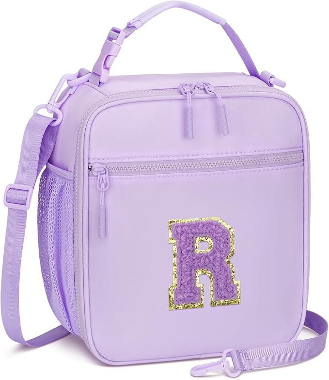 CLOUDWINGS Initial Insulated Lunch Bag for Girls Kids, Back to School Gift, Reusable Leak-proof Lunch Box with Adjustable Strap for School Daycare Travel Picnic (Purple,R)