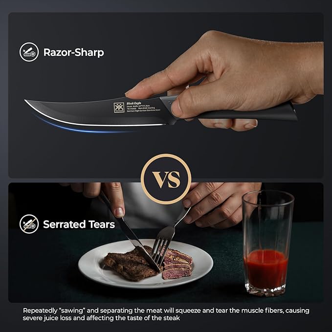 CuoCreate Steak Knives Set of 8, 4.7 Inch Dishwasher Safe Non-Serrated Table Knives, Ultra Sharp for Precise Cutting, Non-Stick Blade & Rust Proof, Easy to Maintain Ideal for Home Restaurant Party