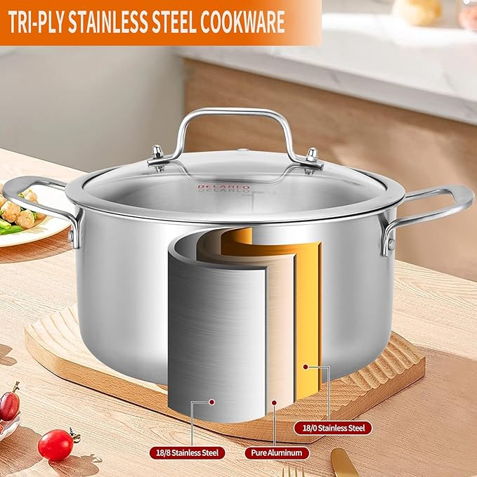 DELARLO Tri-ply Stainless Steel 6 Quart Heavy Duty Induction Stock Pot
