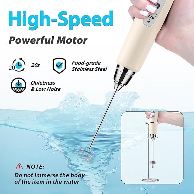 Milk Frother Wand Rechargeable Handheld Electric Whisk 3 Speed Adjustable