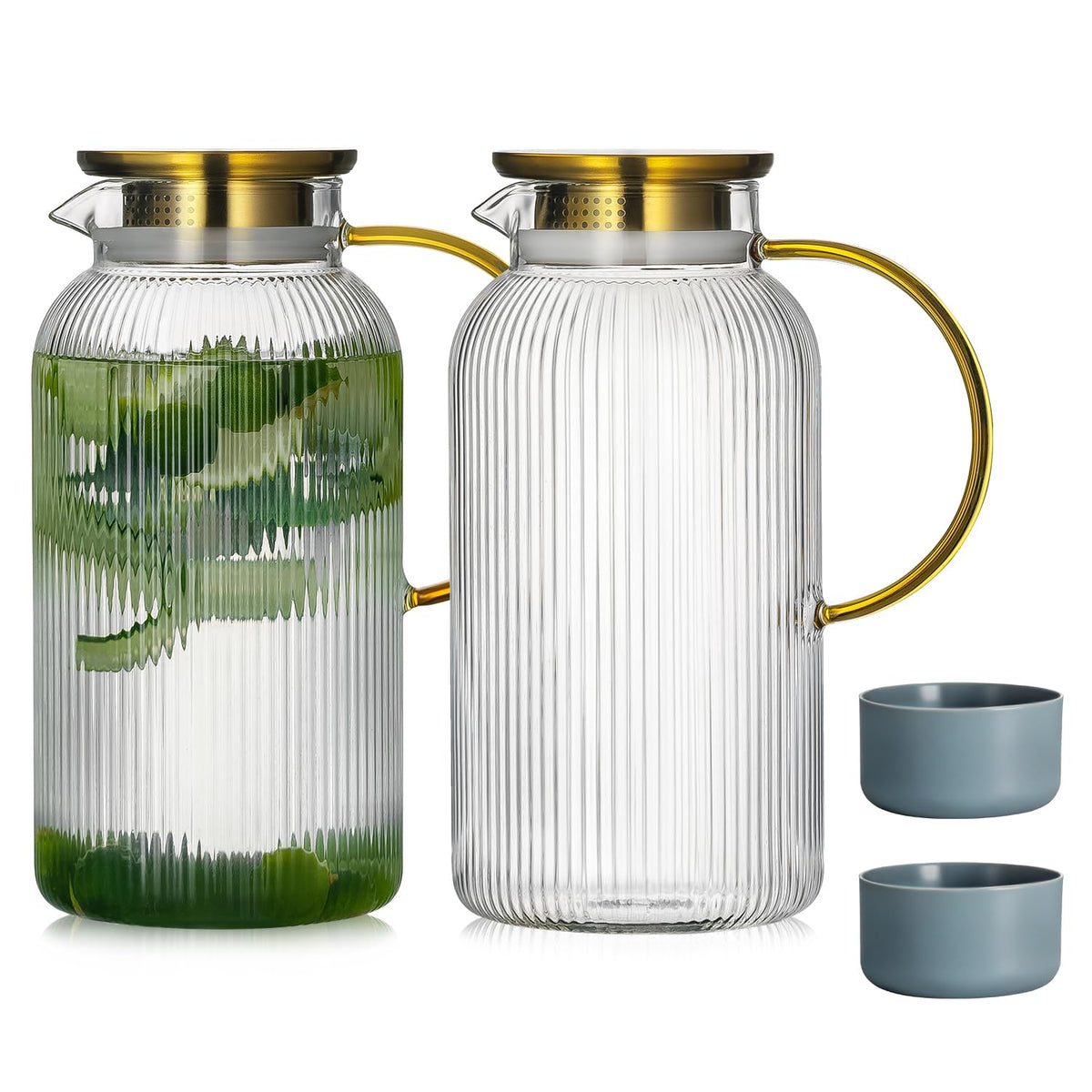 Buaic 2 PACK Glass Pitcher with Lid, 68 oz Glass Carafe with Silicone Base