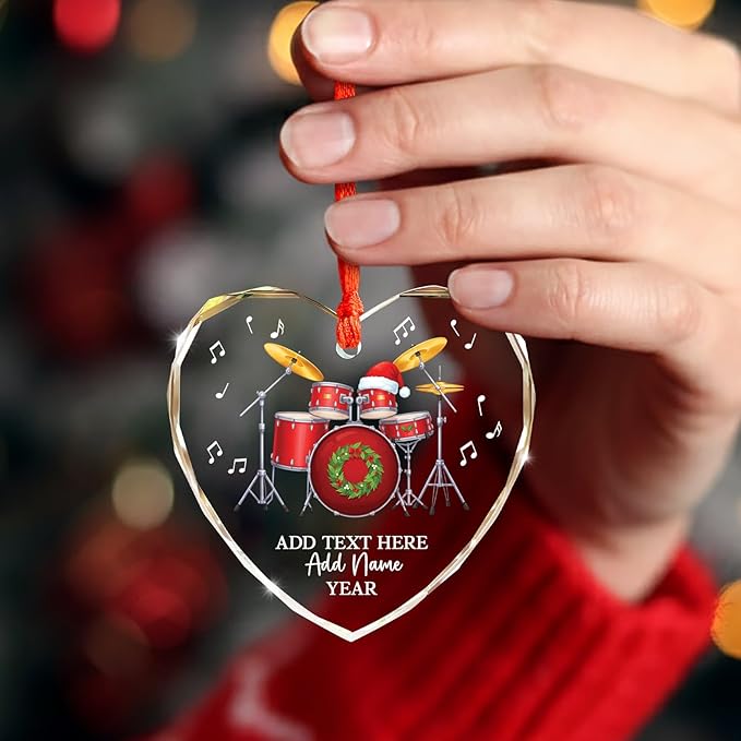 Personalized Drum Set Christmas Glass Ornaments 2026, Drum Xmas Ornament with Custom Text Name & Year, Drummer Christmas Tree Ornament for Men Women, Decoration Gift for Drummer Band Music