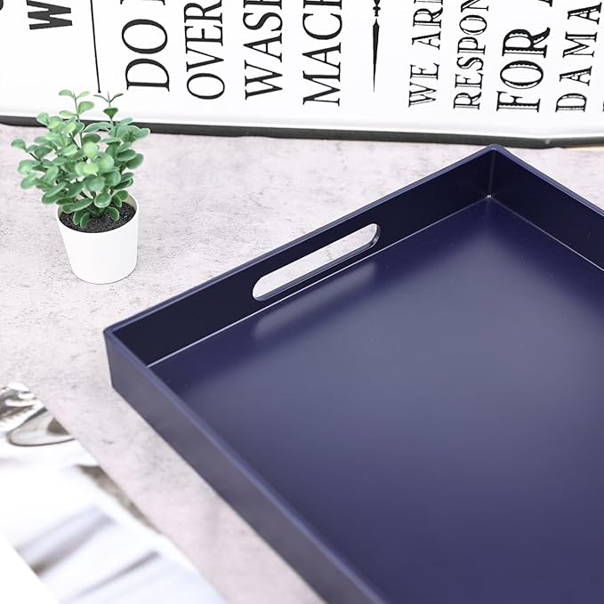 SforGUVA Navy Blue Serving Tray for Coffee Table, Rectangular Plastic Decorative Tray with Handles for Entertaining, Outdoor Patio, Living Room, Ottoman, Bathroom Counter, 11.8”*15.7”*1.6”