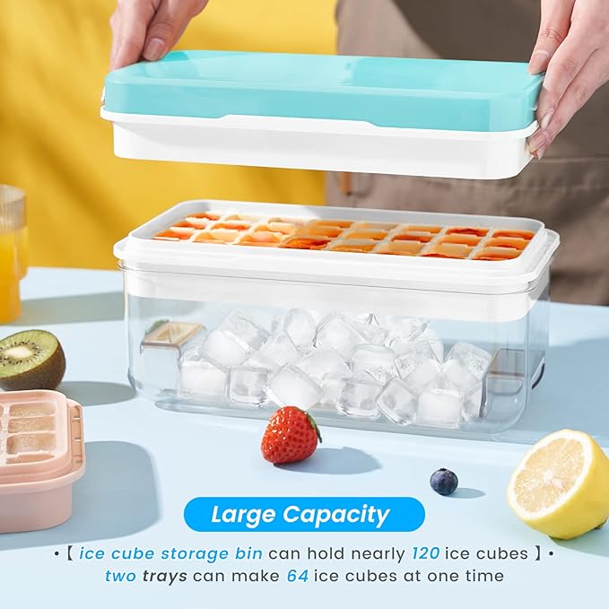 PHINOX Ice Cube Tray with Lid and Bin, Easy Release 56 Cubes for Freezer