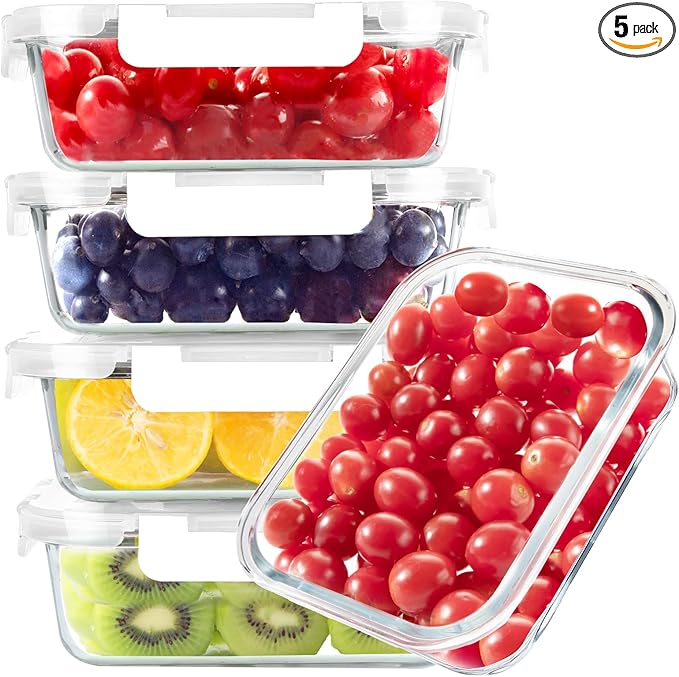 BAYZZ 5 Pack 35 Oz Glass Food Storage Containers with Lids, White