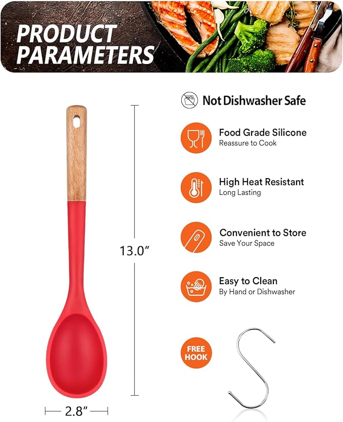 Badiano Large Silicone Cooking Spoons, Nonstick Solid Wooden Handle,13.2in
