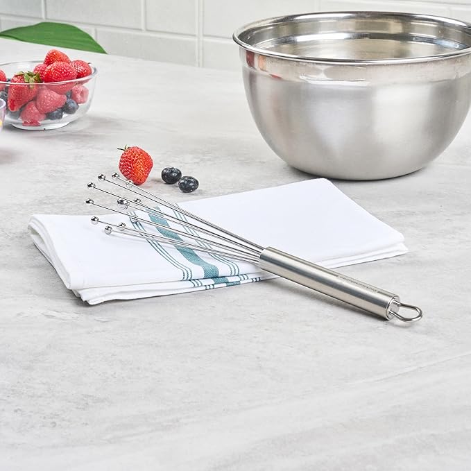 Restaurantware 10.5 in Stainless Steel Ball Whisk - 24 Pack - German Standard Egg Beater with Ergonomic Handle, Dishwasher Safe - Manual Mixer Cooking Whisk for Baking, Stirring, Sauces, Beating