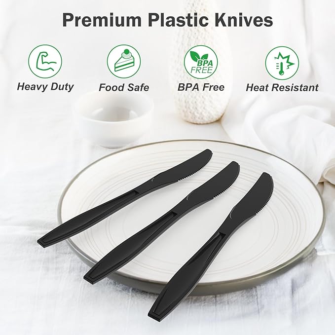 Dealusy 360 Count Extra Heavy Duty Black Plastic Knives Disposable, BPA-Free, Heat Resistant, Solid and Durable Disposable Knives Bulk, Premium Plastic Knives heavy duty for Party Supply