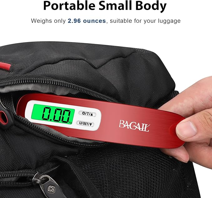 BAGAIL Digital Luggage Scale,110lbs Hanging Baggage Scale with Backlit LCD Display,Portable Suitcase Weighing Scale,Travel Luggage Weight Scale with Hook,Strong Straps for Travelers(Bright Red)