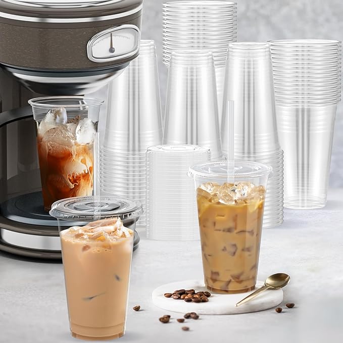 Dealusy 100 Pack - 20 oz Clear Plastic Cups with Lids and Straws