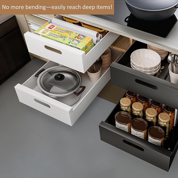 HBL' 2 Pack | 21" Deep Pull Out Cabinet Organizer Adhesive, 12-Inch Wide Sturdy Carbon Steel Roll-Out Drawers, Designed for Frameless Cabinets, Slide-Out Shelves for Pantry.