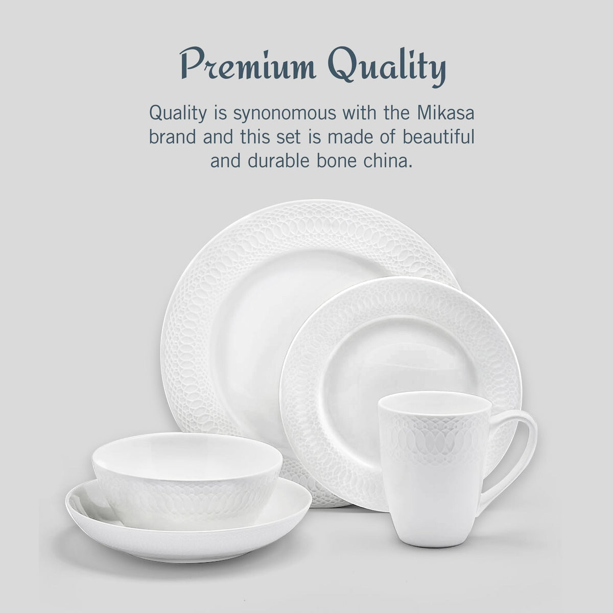 Mikasa Levi 40 Piece Bone China Dinnerware Set, Embossed Plates Bowls, Chip-Resistant, Lightweight, Elegant and Durable, Service for 8, White