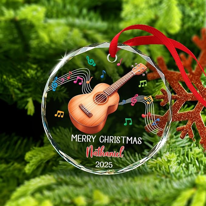 Ukulele Musical Instrument Glass Ornament Xmas 2026, Personalized Instrument Christmas Ornament Gift for Ukulele Player, Ukulelist Keepsake Christmas Tree, Custom Text & Name Musician Glass Ornaments
