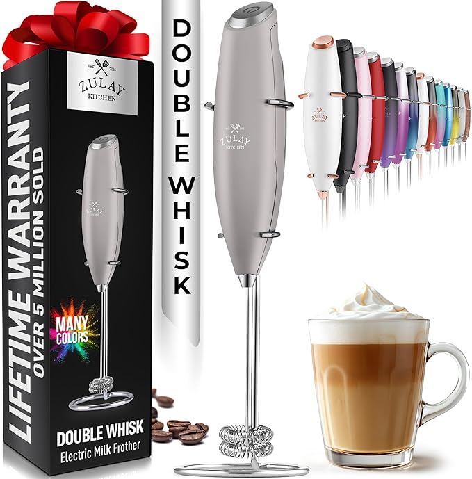 Zulay Kitchen Powerful Milk Frother Wand With Duracell Batteries - Ultra Fast Handheld Drink Mixer - Electric Whisk Foam Maker for Coffee, Lattes, Cappuccino & Matcha - Double Whisk - Gray