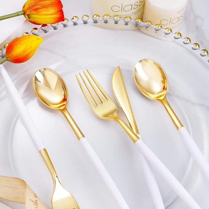 I00000 300 Pcs Gold Plastic Silverware Set, Gold Utensils with White Handle