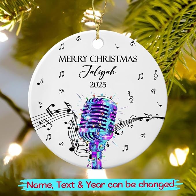 Customized Microphone Recording Ceramic Ornament, Personalized Year Text Name Microphone Lover Ornaments Gift for Women Men Inger Vocalist Musical, Unique Vocals Microphone Ceramic Xmas Ornament 2026