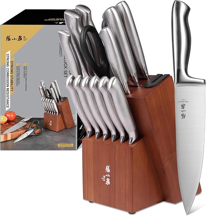 ZHANG XIAO QUAN Knife Set with Block, High Carbon Stainless Steel Sharp Blades, Built-in Sharpener Kitchen Knife Block Set for Home Cooking