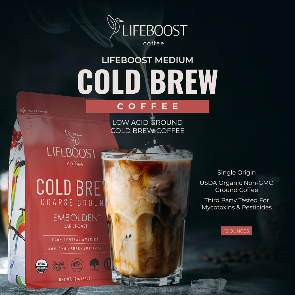 Lifeboost Dark Cold Brew Ground Coffee, Certified Organic Low Acid, 12oz
