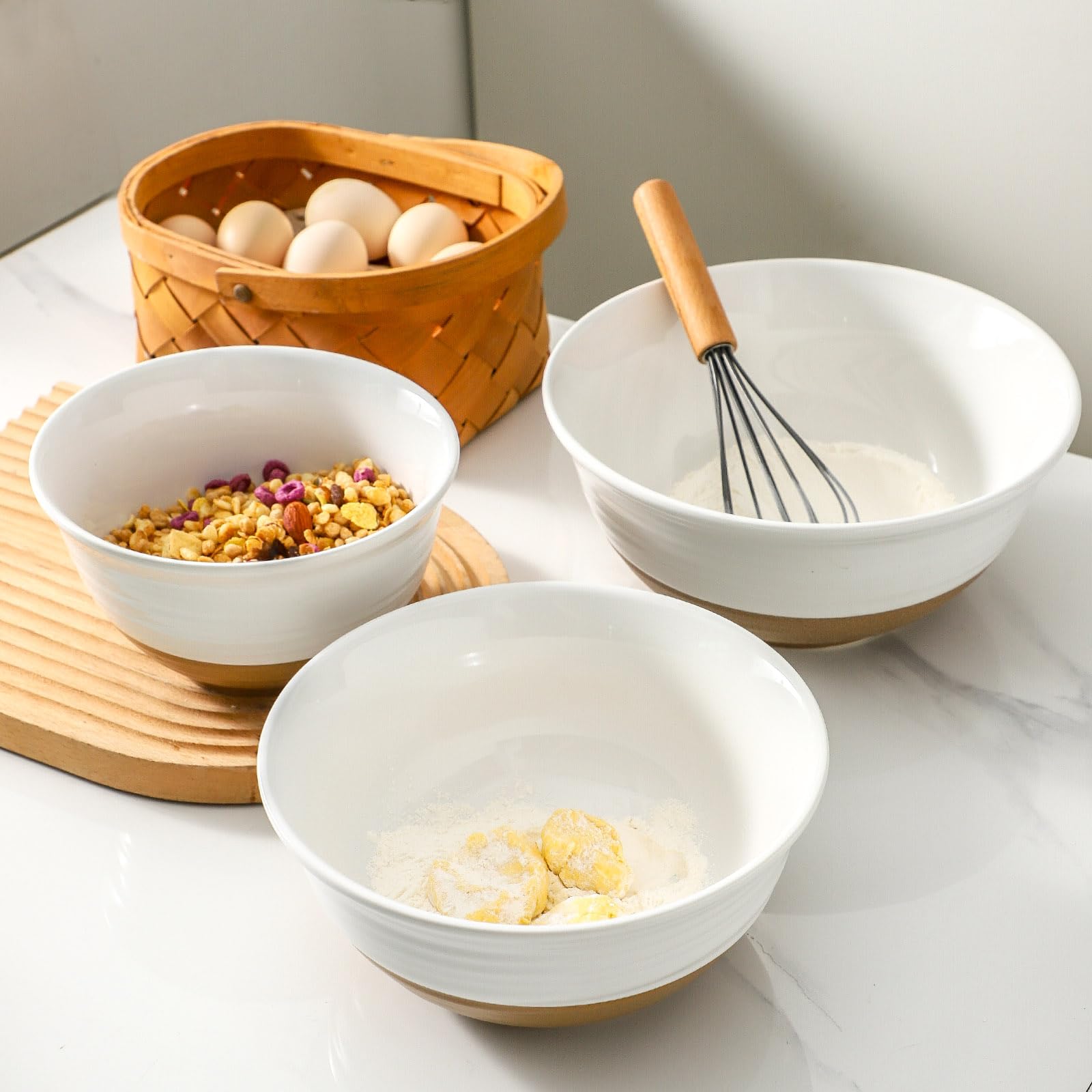 HASENSE Mixing Bowls, Large Ceramic Salad Bowls 2.1/1.5/1.0 Qt, Versatile Serving Bowls for Cooking, Baking, Salad Mixing, Prepping, Nesting White Bowl Set, Dishwasher Safe, Set of 3