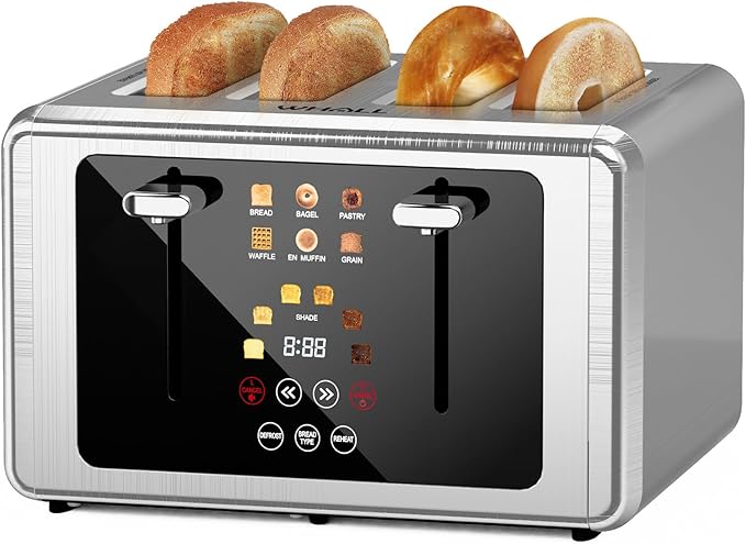 whall 4 Slice Touch Screen Toaster, Stainless Steel Toasters Digital Timer, Dual Control Panel Toasters，6 Shade Settings＆6 Bread Types, Smart Wide Slots, Bagel, Cancel, Defrost, Flat lever Silver