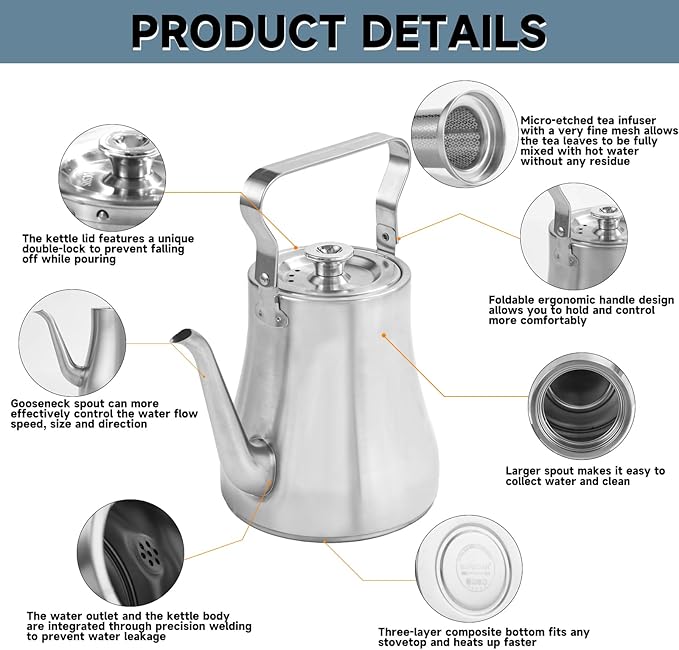 GURUDAR 68OZ/2000ML Stainless Steel Teapot with Removable Infuser, Stovetop & Dishwasher Safe Tea Maker Water Kettle for Loose Leaf & Tea Bags