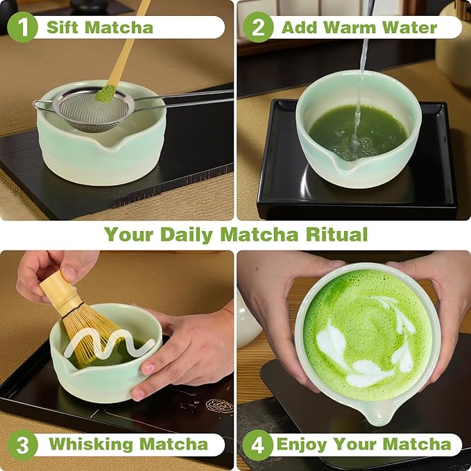 Matcha Whisk Set, Japanese Tea Set Includes Matcha Bowl with Spout, Bamboo Whisk, Ceramic Chasen Holder, Scoop, Sifter, 5 pcs Traditional Tea Making Kit for Matcha Lovers Women Men