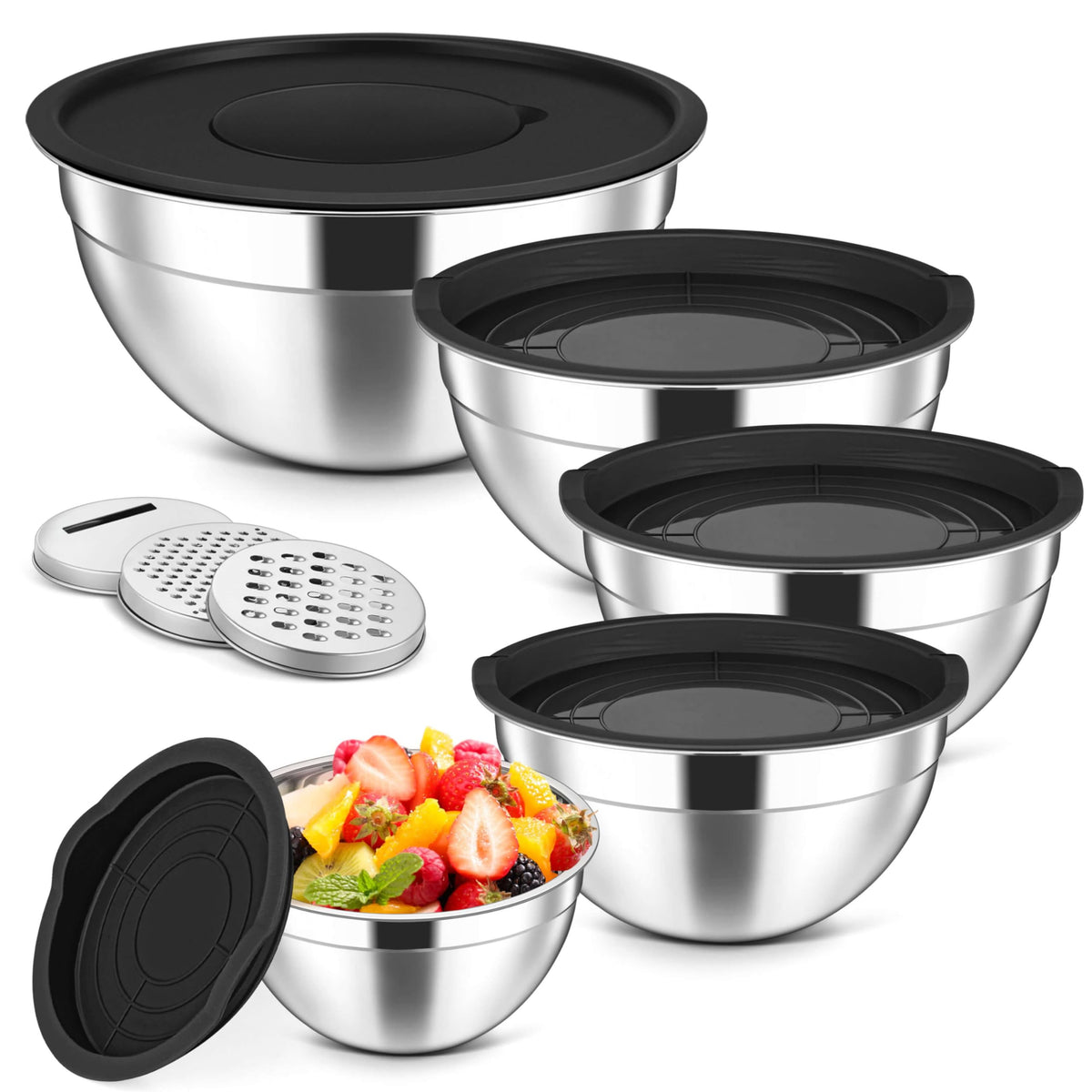 Herogo 5-Piece Mixing Bowls with Airtight Clear Lids, 3 Grater Attachments, Stainless Steel Large Bowls of 5 for Kitchen, Size 4.6, 3.5, 2.5, 2, 1.5QT Ideal for Mixing and Serving, Blue
