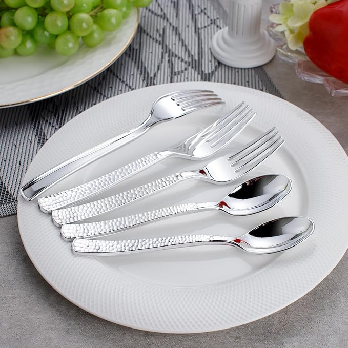 KIRE 400PCS Silver Plastic Forks and Spoons Disposable-Heavy Duty Plastic Silverware Set Silver Spoons and Forks-200 Forks and Spoon for Parties/Birthday/Wedding/Father's Day