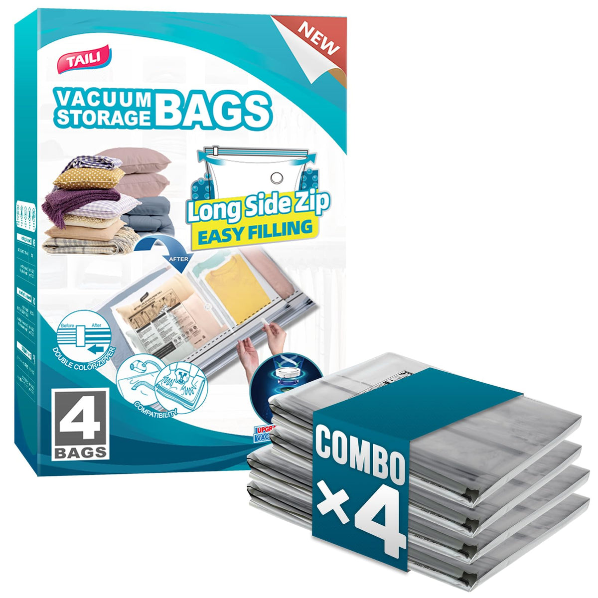 TAILI 4 Pack Vacuum Storage Bags, Jumbo LONG SIDE ZIP(39x28 inch), Clear