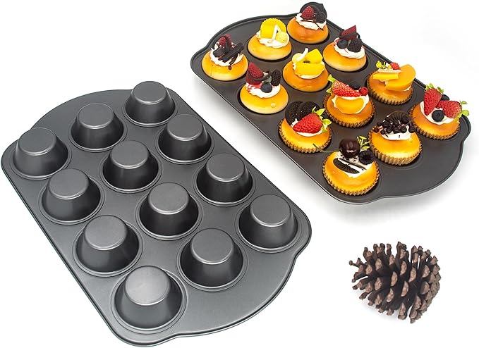 Bakexcel Non-Stick Standard Muffin Pans, 2.95" 12-Cup Set of 2 Baking Pans, Heavy Duty Carbon Steel Tins for Standard Muffins & Cupcakes