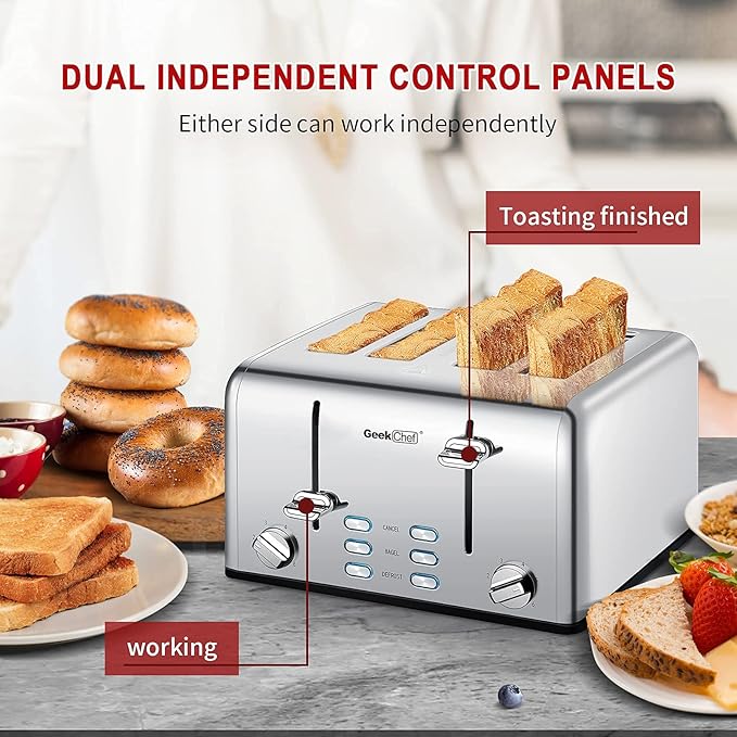 Toaster 4 Slice, Geek Chef Stainless Steel Extra-Wide Slot Toaster with Dual Control Panels of Bagel/Defrost/Cancel Function, 6 Toasting Bread Shade Settings, Removable Crumb Trays, Auto Pop-Up