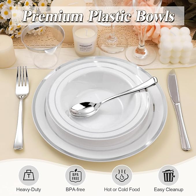 BESTSTAR 50 Pack Disposable Soup Bowls with Silver Rim