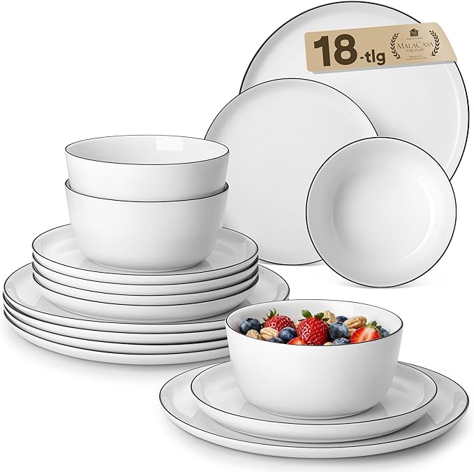MALACASA 18-Piece Dinnerware Set for 6, White Black-Rim Porcelain Dishes