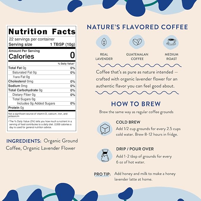 Organic Lavender Ground Coffee | Real Lavender Flower | Medium Roast, Organic Flavored Coffee | Smooth Low-Acid | Perfect for Drip, Pour Over or Cold Brew | 8 oz, 22 Servings