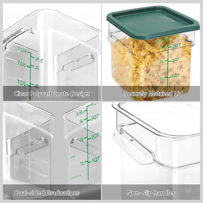 TSUBOR 4 Pack Food Storage Containers with Green Lids, 2.0 Qt - Square, Clear, Polycarbonate, for Restaurant Commercial Kitchen and Home party