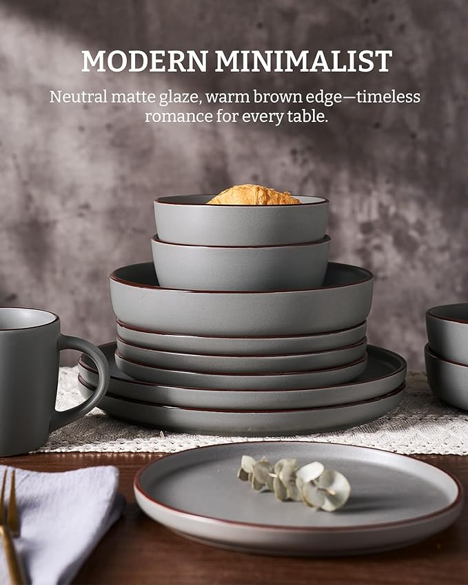 Famiware Mercury 12-Piece Stoneware Dinnerware Set, Dark Grey