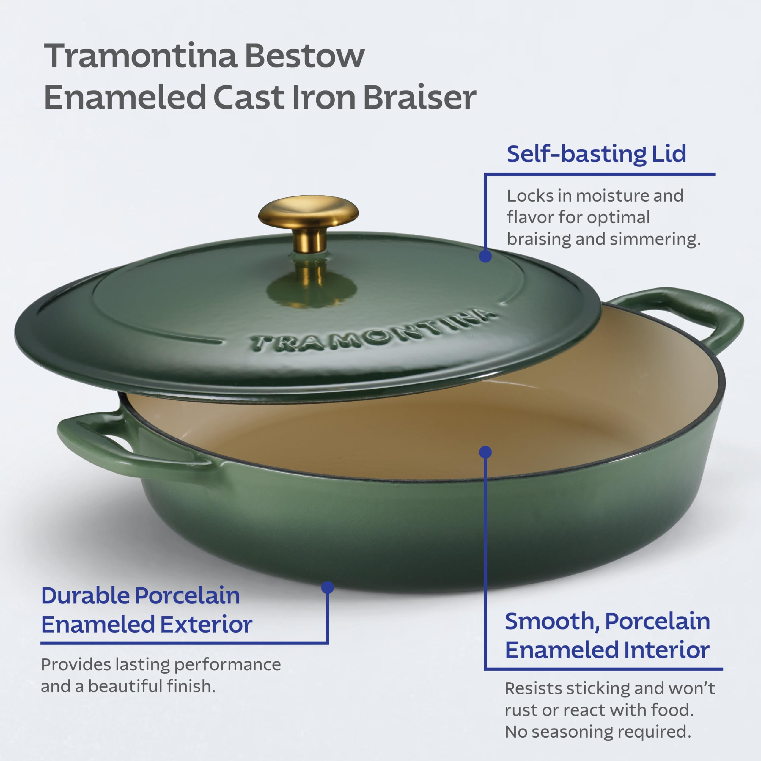 Tramontina Bestow Enameled Cast Iron 4-Qt Braiser Pan with Lid, Cactus