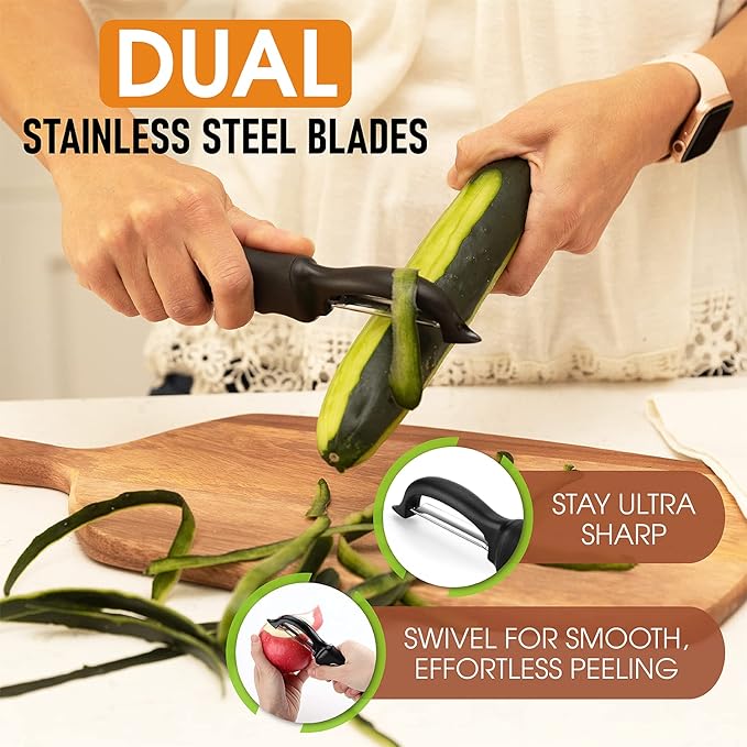Spring Chef Swivel Vegetable Peeler for Kitchen w/Soft Grip Handle, Black