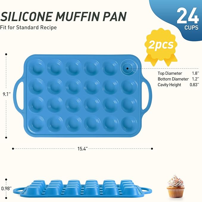 Socisen 2 Packs 24 Cups Silicone Muffin Pan with Metal Reinforced Frame Mini Size Cupcake Pan Tray Egg Bites Cookie Molds Muffin Tin Tart Pans chocoflan mold Baking Sheet Set Breakfast Sandwiches