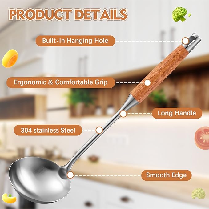Teenyyou 9 Pcs 304 Stainless Steel Utensils Set with Wood Handle Metal Cooking Tool Spatula, Solid Spoon, Slotted Spoon, Fork, Ladle, Skimmer, Slotted Spatula Spaghetti(brown,wooden)