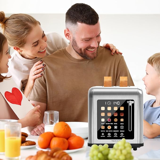2 Slice Toaster Touch Screen, Stainless Steel Toasters Digital Timer 2 Slot Toasters, 8 Shade Settings 6 Bread Types for Bagel, Cancel, Defrost（Silver）