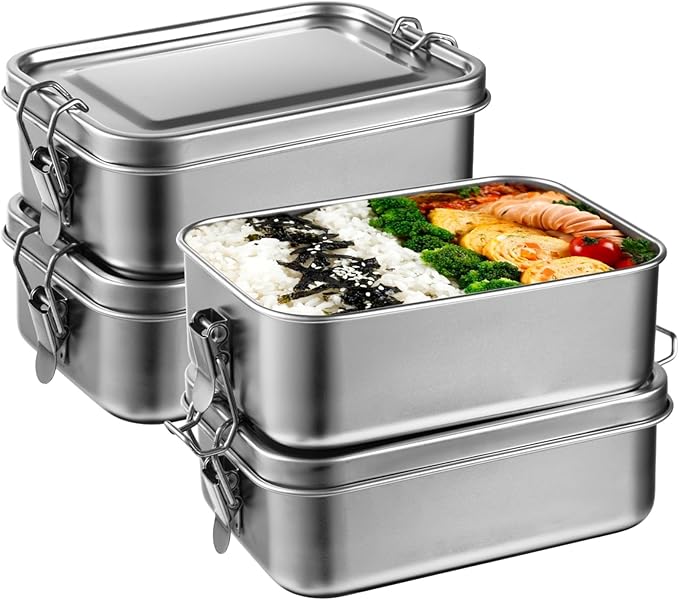 Tideme 4 PCS Bento Boxes, 850 ML Stainless Steel Lunch Boxes, Food Storage Containers, Portable Metal Lunch Containers, Lockable Clips to Leak Proof, Reusable Dishwasher Safe Lunch Snack Boxes