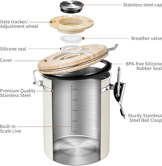 Veken Coffee Canister with Window, Airtight Stainless Steel Container, 22OZ