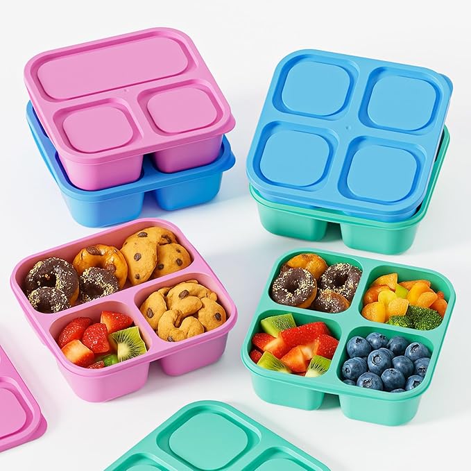 Canfanni 6 Pcs Snack Box Container Set, Reusable 3&4 Compartment Meal Prep Snack Containers for Adults Kids Toddler, BPA-Free Divided Lunchable Container for School, Work and Travel (Multicolor)