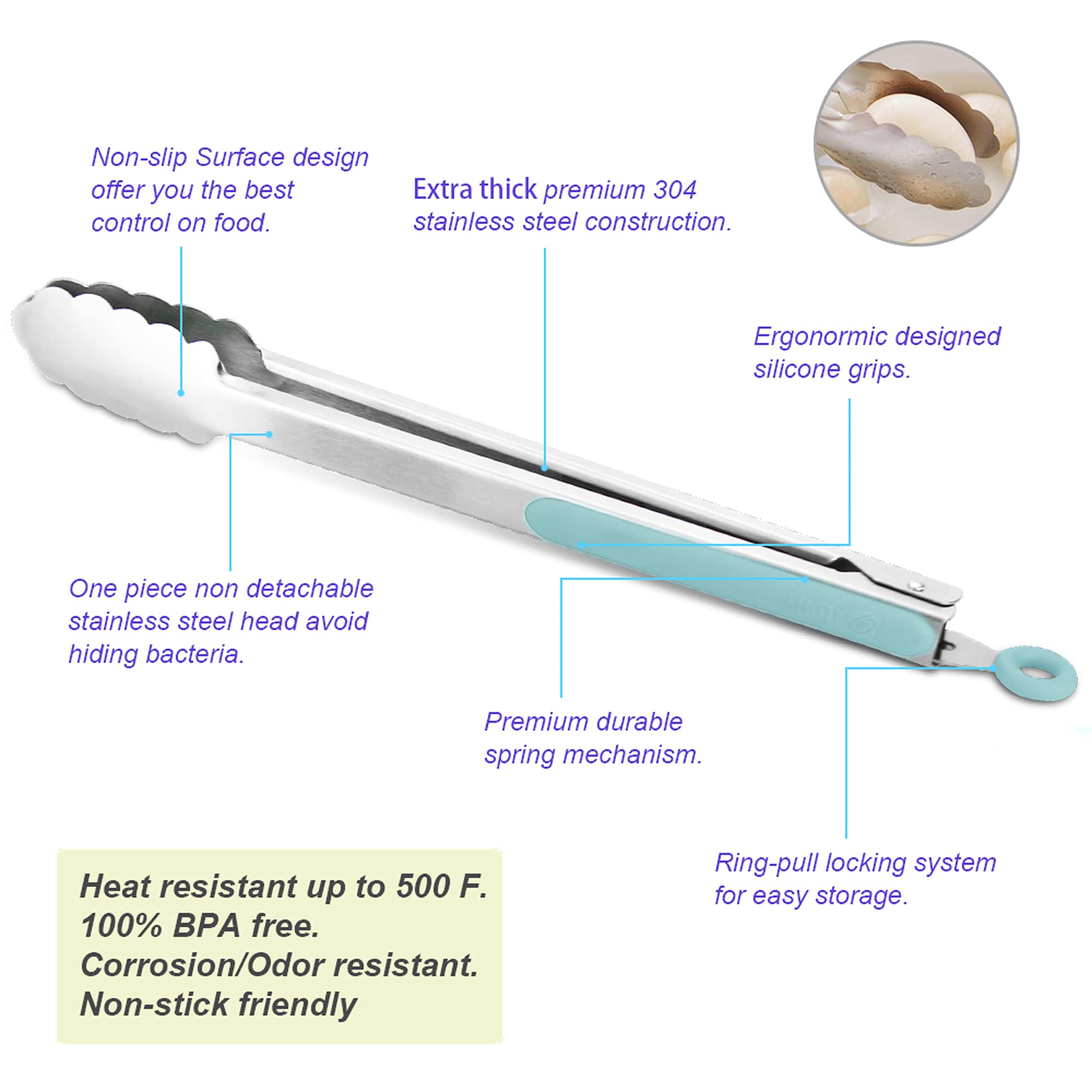 304 Stainless Steel Kitchen Cooking Tongs, 14 & 16", Set of 2, Aqua Sky