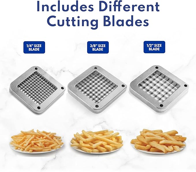 New Star Foodservice Commercial Grade French Fry Cutter with Complete Combo Sets, Die Cast Iron and 18/8 Stainless Steel, 1/4-Inch, 3/8-Inch, 1/2-Inch, 6-Wedge, and 8-Wedge Replacement Blades
